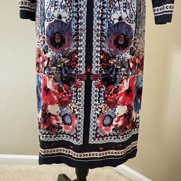Beige By ECI Floral Dress Size 8 Split Neck Long Sleeve Shift Dress Red Colorful - Picture 8 of 15